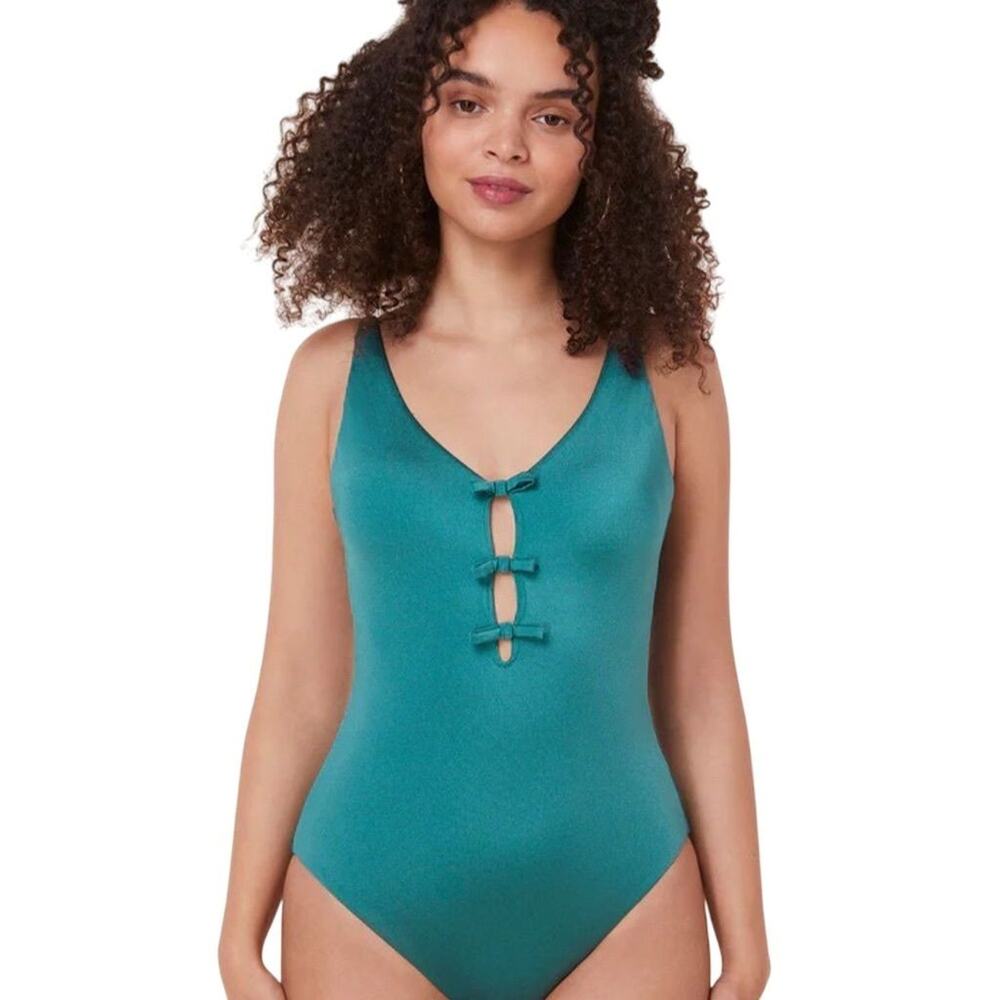 NWT Sample Andie Swim Mana Ceramic Teal Satin One Piece Swimsuit Size Small 2627